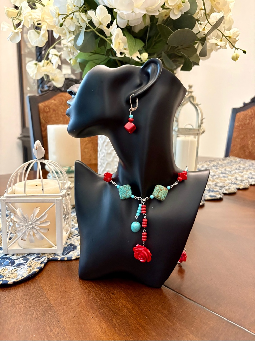 Handmade Red & Turquoise Floral Pendant Necklace and Earring Set